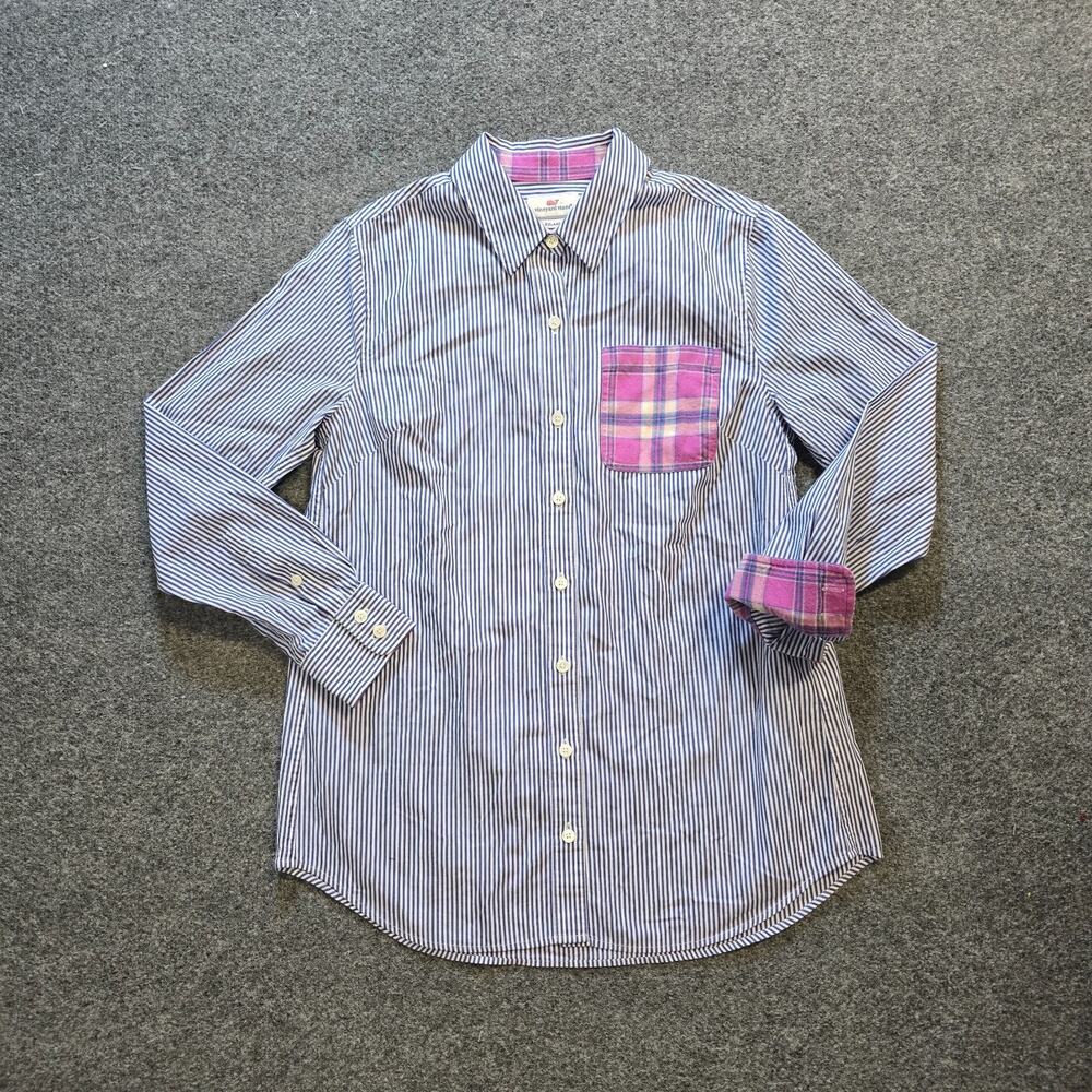 Vineyard Vines Top Women Size 4 Blue Striped Plaid Relaxed Preppy Casual Capsule